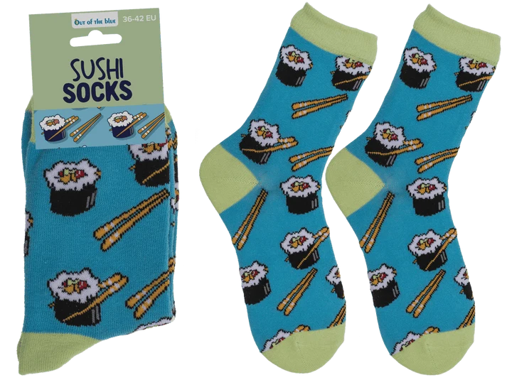 Par de calcetines azules de sushi con estampado de makis y palillos japoneses