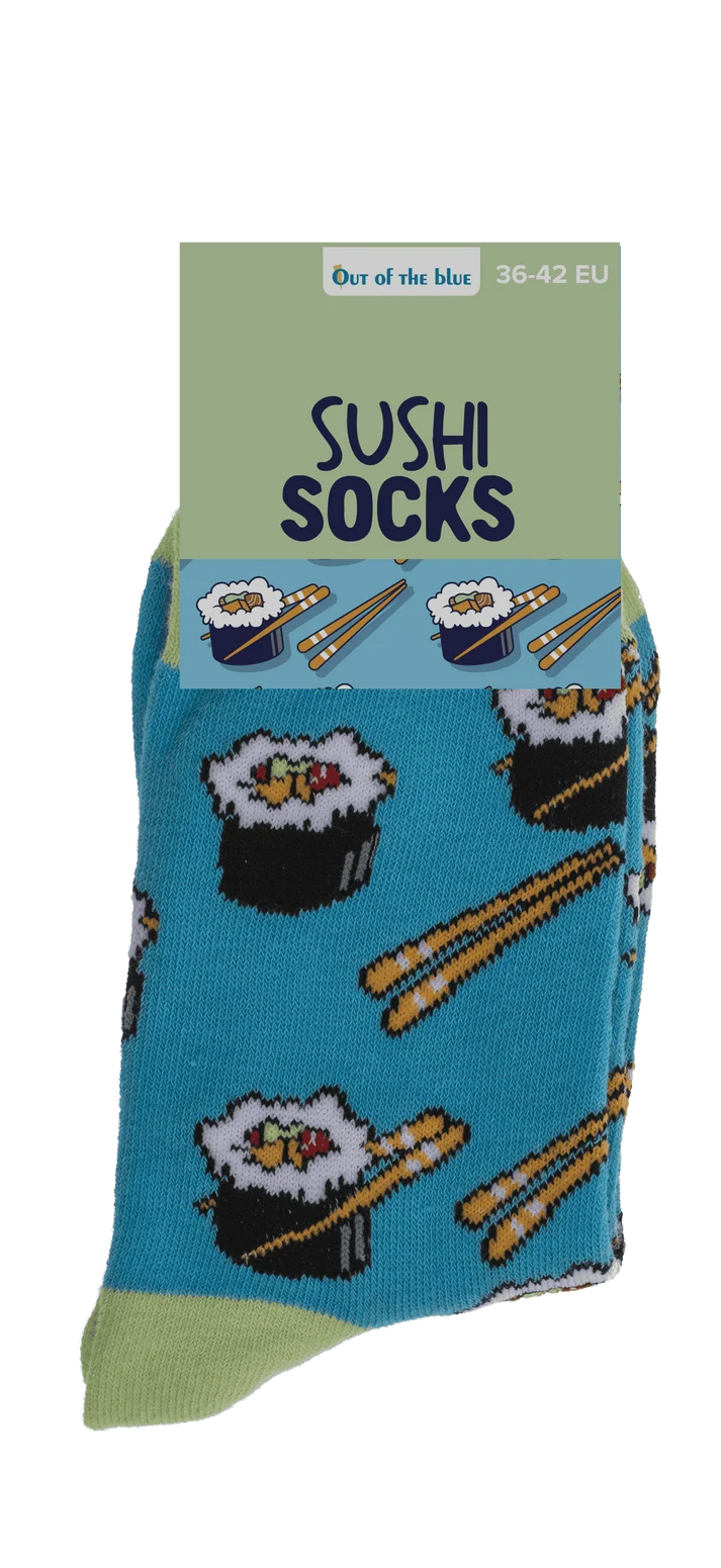 Calcetines Sushi Socks doblados con etiqueta de cartón, talla 36-42