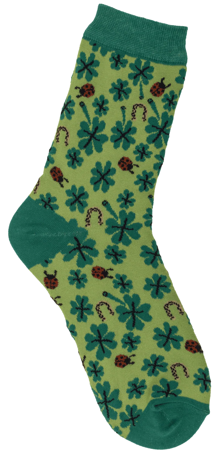 Calcetines de tréboles de la suerte con mariquitas y herraduras, conjunto y presentación