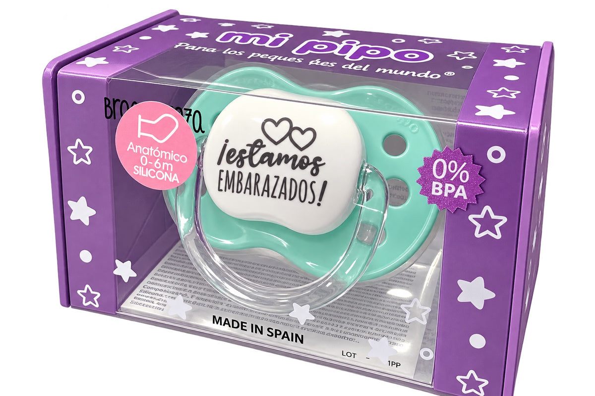 Chupete MI PIPO «¡Estamos embarazados!» verde agua y blanco, tetina de silicona anatómica 0-6 meses, sin BPA