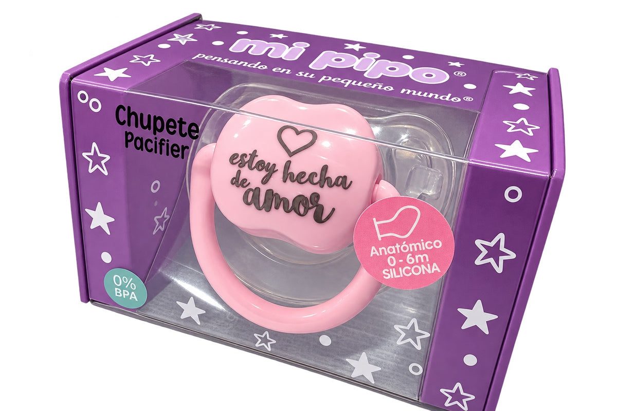 Chupete MI PIPO «Estoy hecha de amor» rosa y transparente, tetina de silicona anatómica 0-6 meses libre de BPA