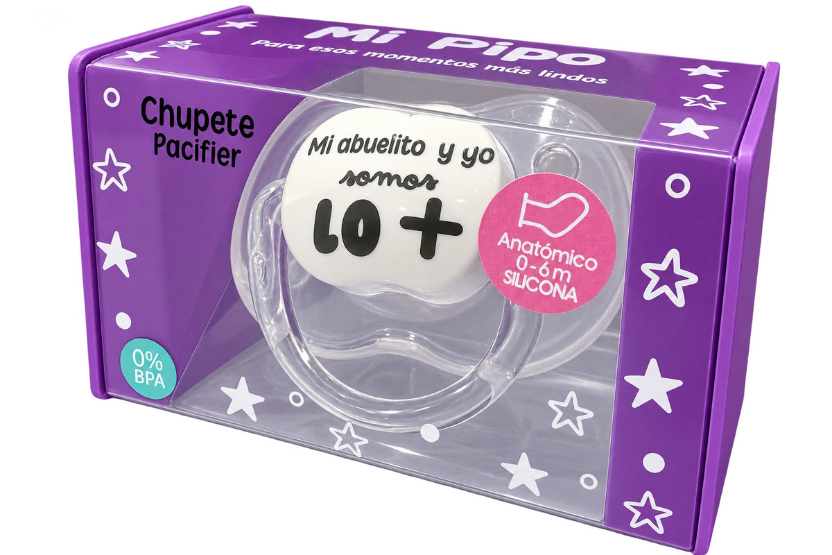 Chupete MI PIPO «Mi abuelito y yo somos lo +» blanco y transparente, anatómico, silicona 0-6 meses sin BPA