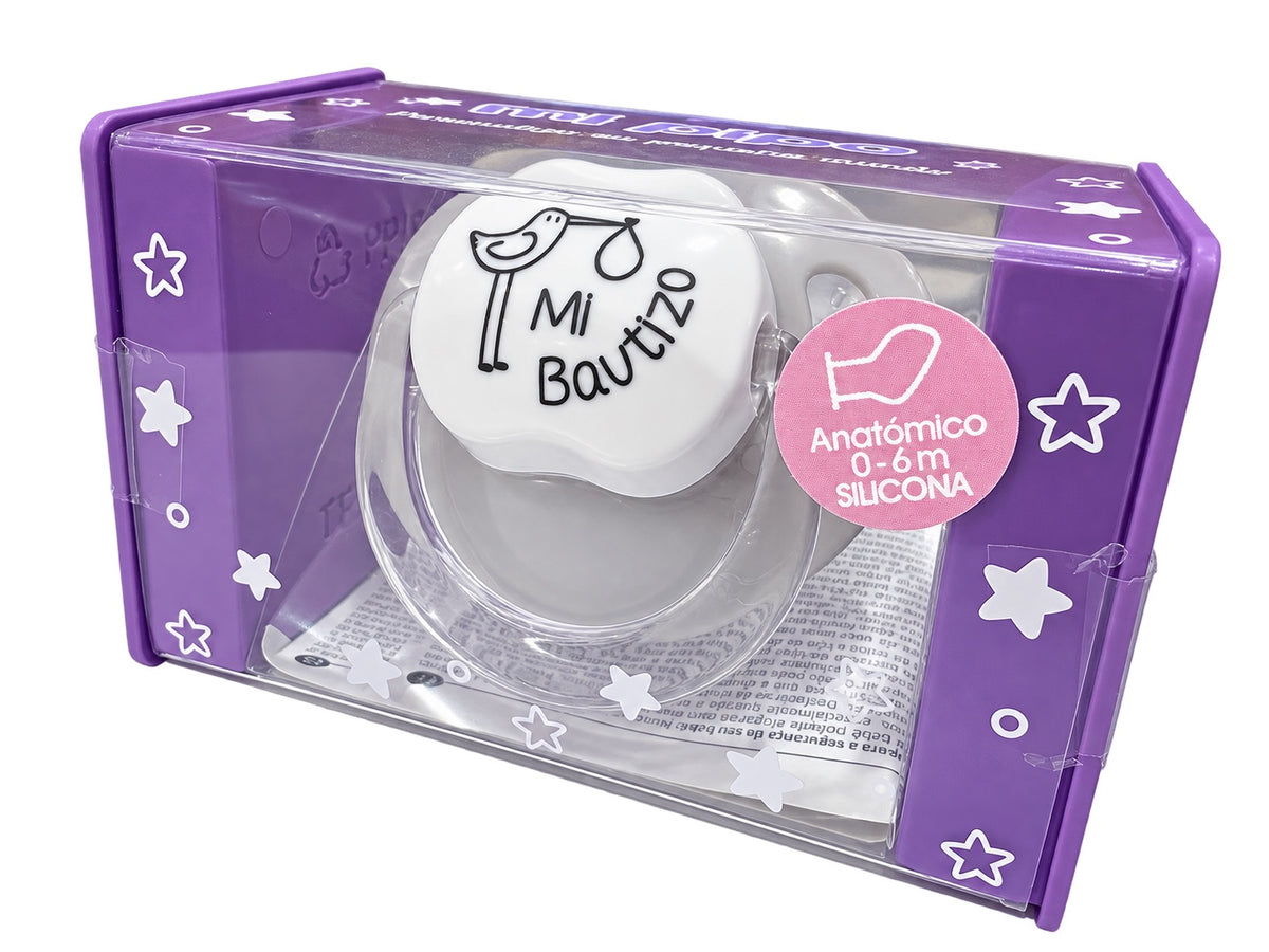 Chupete MI PIPO «Mi Bautizo» gris y blanco con cigüeña, tetina de silicona anatómica 0-6 meses, libre de BPA