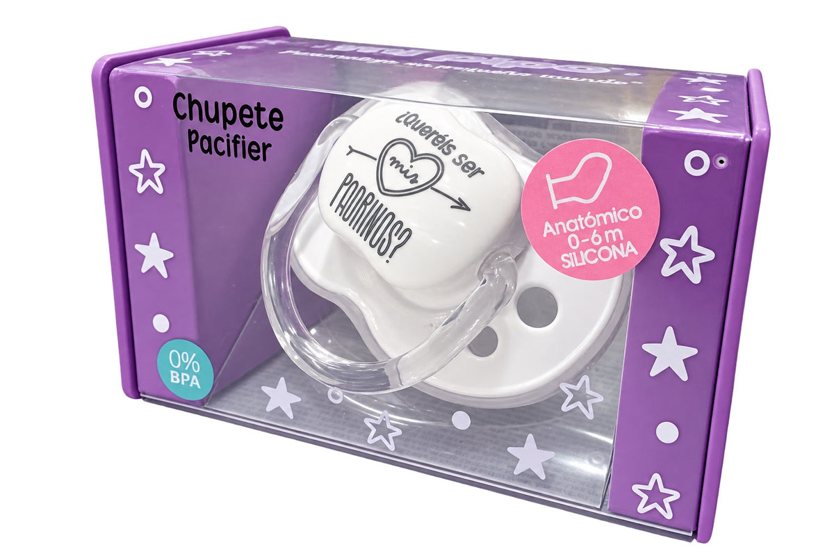 Chupete MI PIPO «¿Queréis ser mis padrinos?» blanco, anatómico de silicona 0-6 meses, sin BPA
