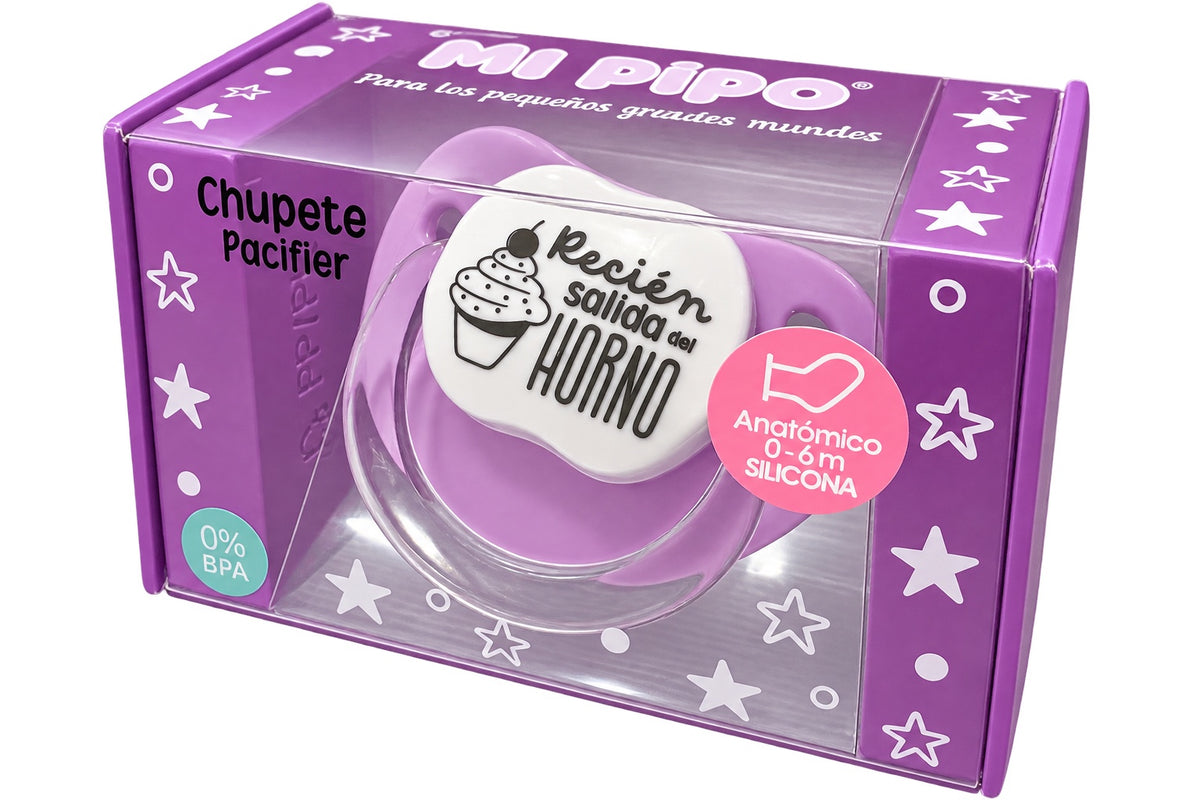 Chupete MI PIPO «Recién salida del horno» blanco y rosa con cupcake, tetina anatómica de silicona 0-6 meses y sin BPA
