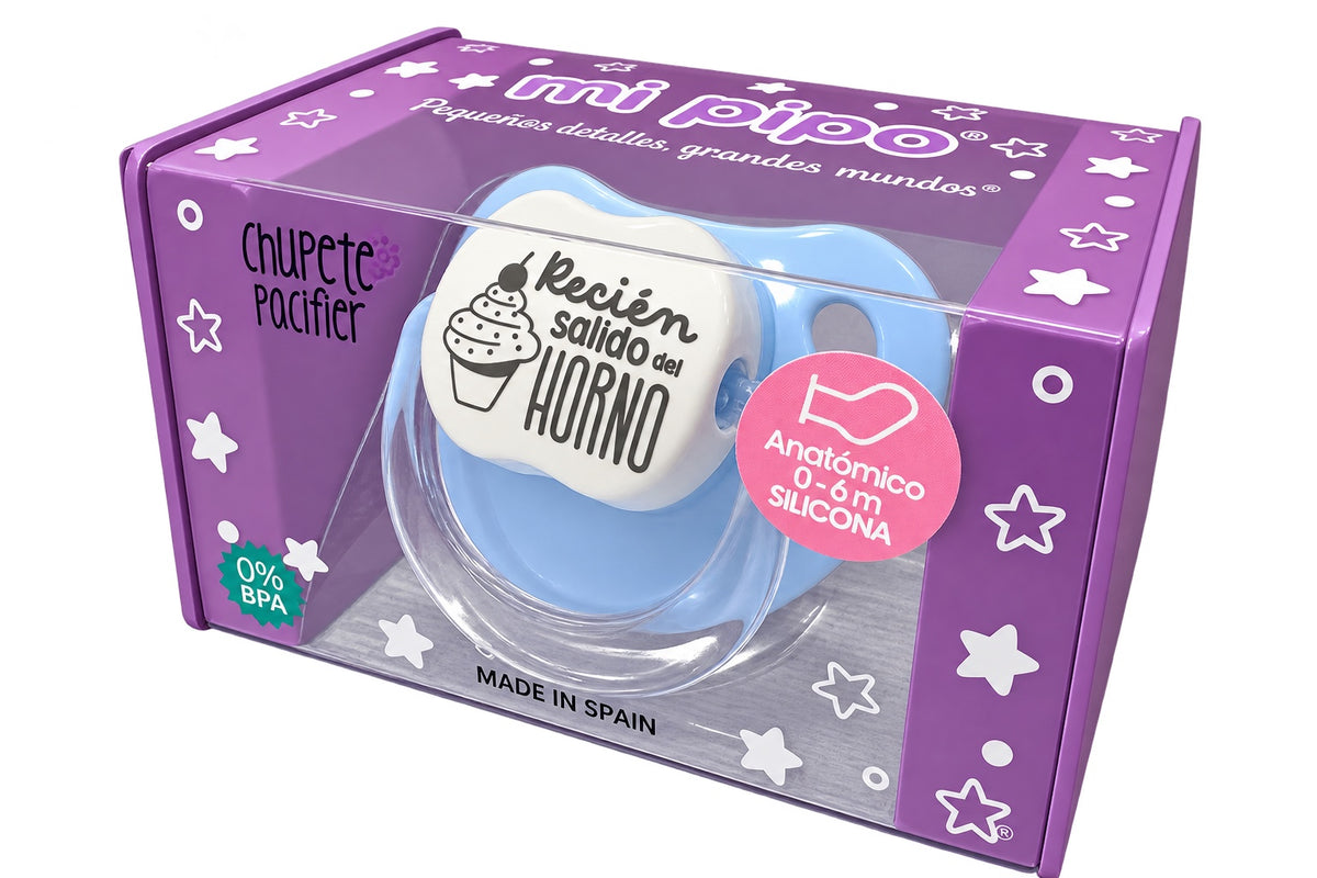 Chupete MI PIPO «Recién salido del horno» azul y blanco con dibujo de cupcake, silicona anatómica 0-6 meses y sin BPA
