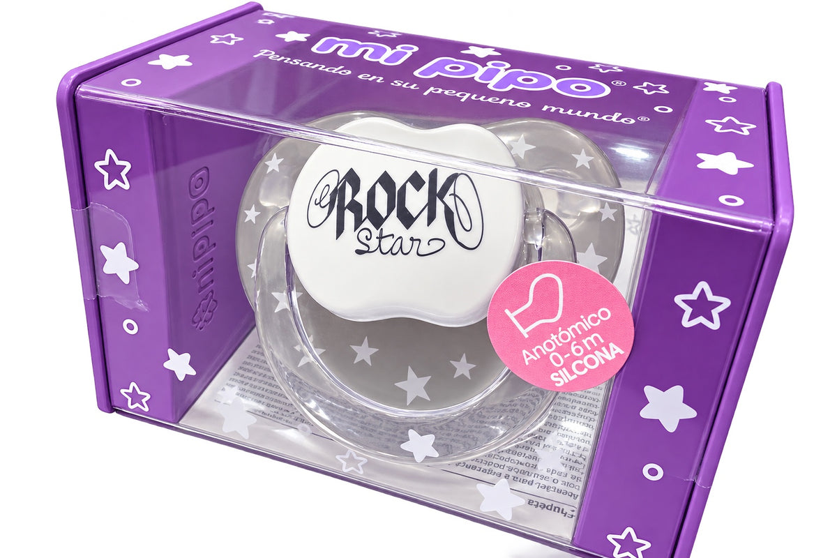 Chupete MI PIPO Rock Star blanco y gris con estrellas, tetina de silicona anatómica 0-6 meses sin BPA