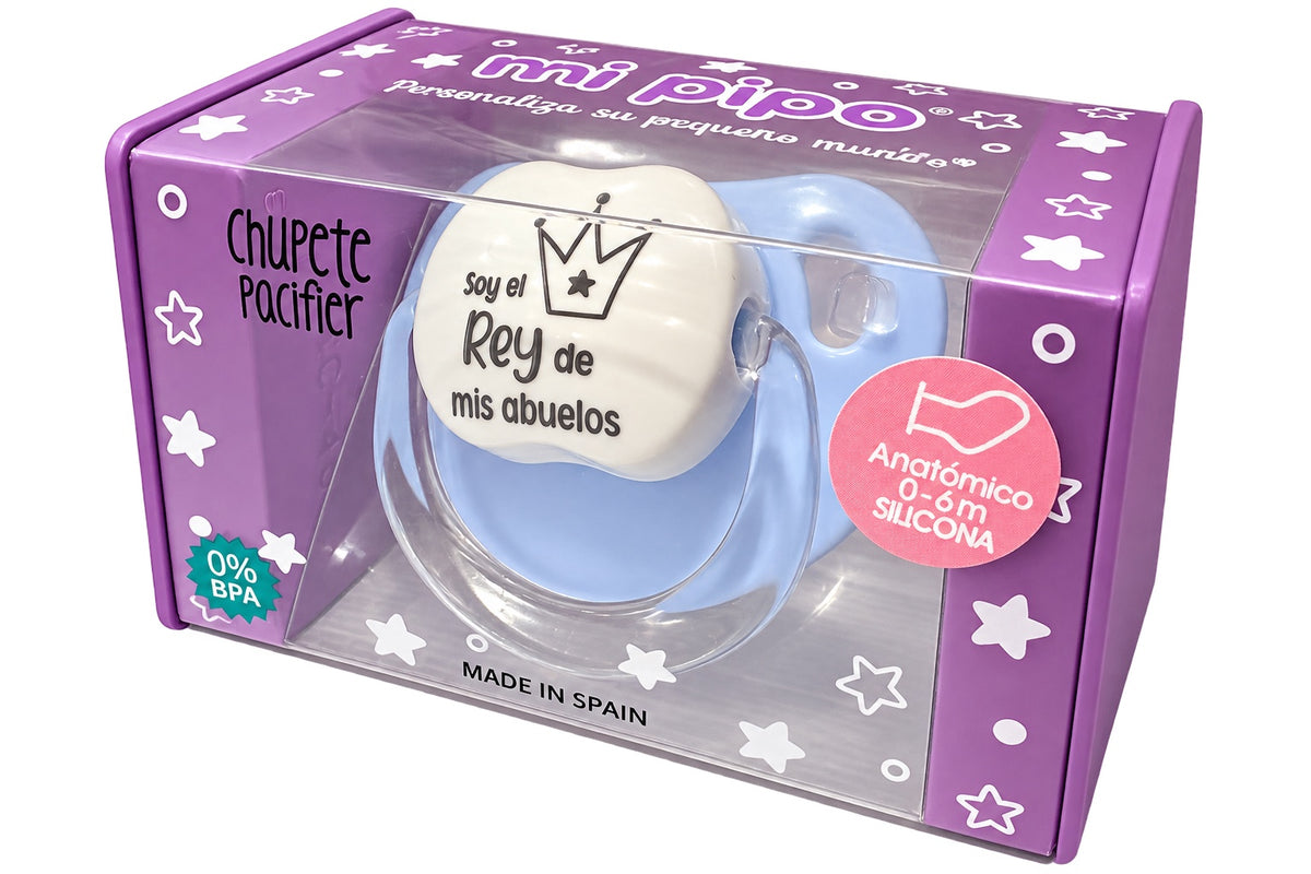 Chupete MI PIPO «Soy el rey de mis abuelos» blanco y azul, silicona anatómica 0-6 meses, sin BPA