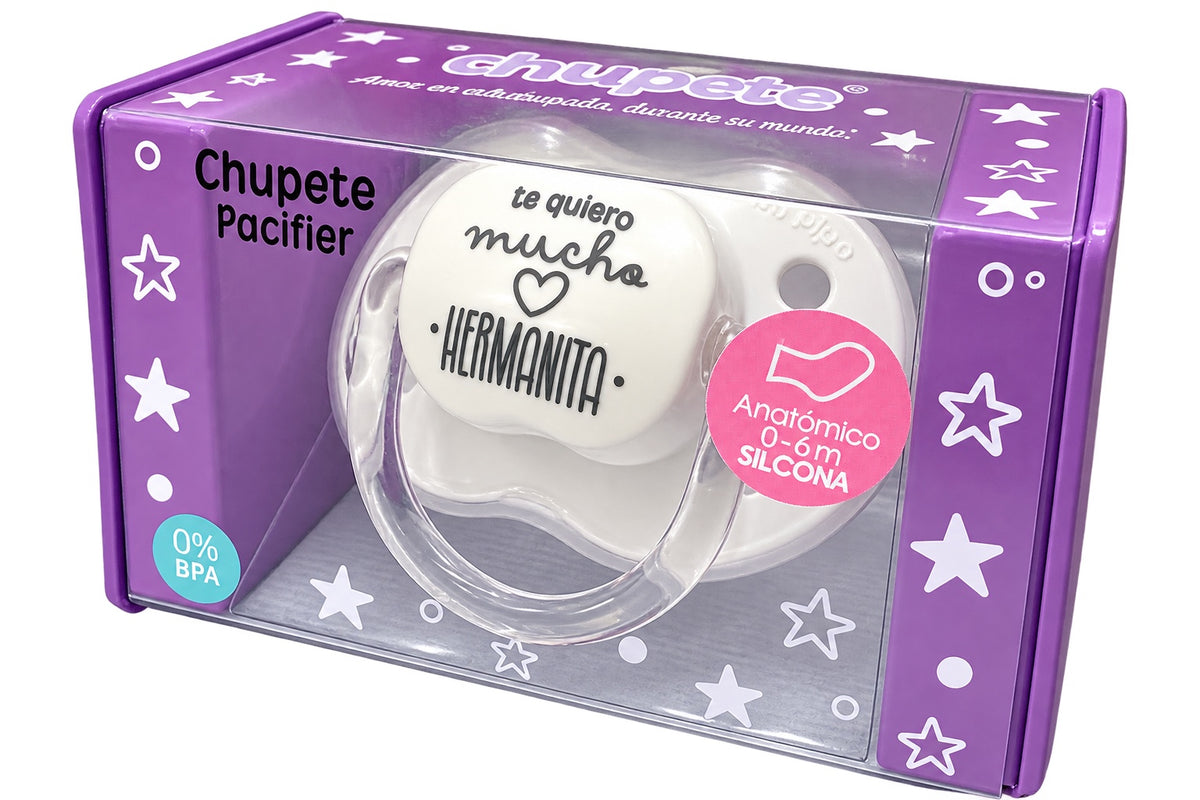 Chupete MI PIPO «Te quiero mucho hermanita» blanco con corazón, tetina anatómica silicona 0-6 meses, libre de BPA