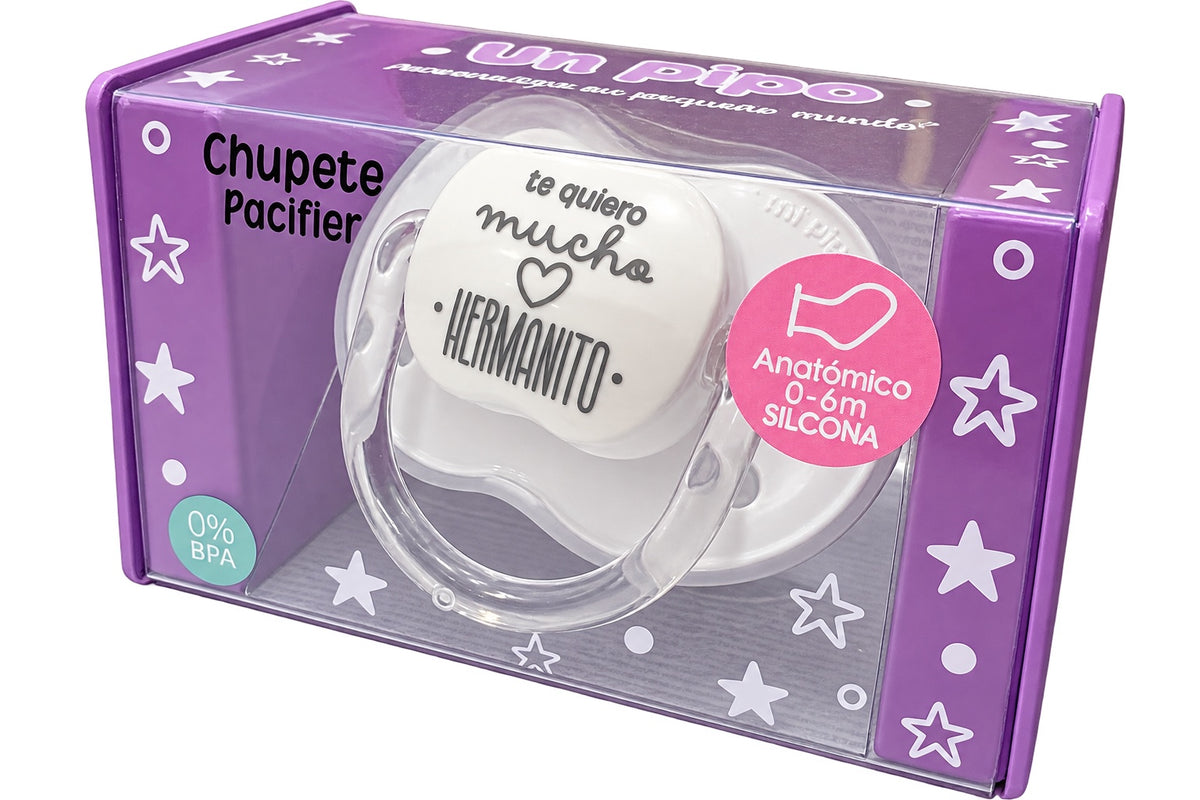 Chupete MI PIPO «Te quiero mucho hermanito», blanco y transparente con estrellas, tetina de silicona anatómica 0-6 meses sin BPA
