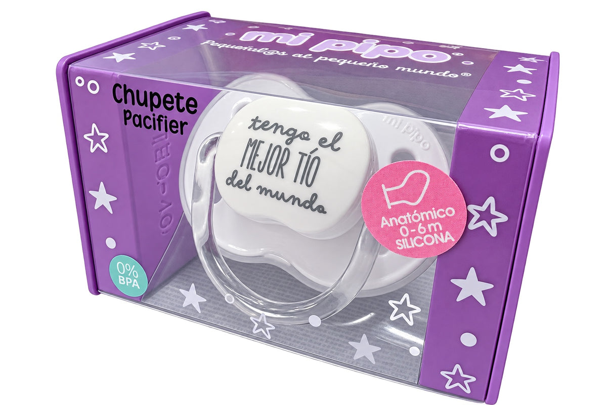 Chupete MI PIPO «Tengo el mejor tío del mundo» blanco con tetina anatómica de silicona 0-6 meses libre de BPA
