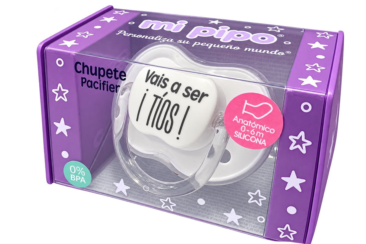Chupete MI PIPO «¡Vais a ser tíos!» blanco anatómico de silicona 0-6 meses, libre de BPA