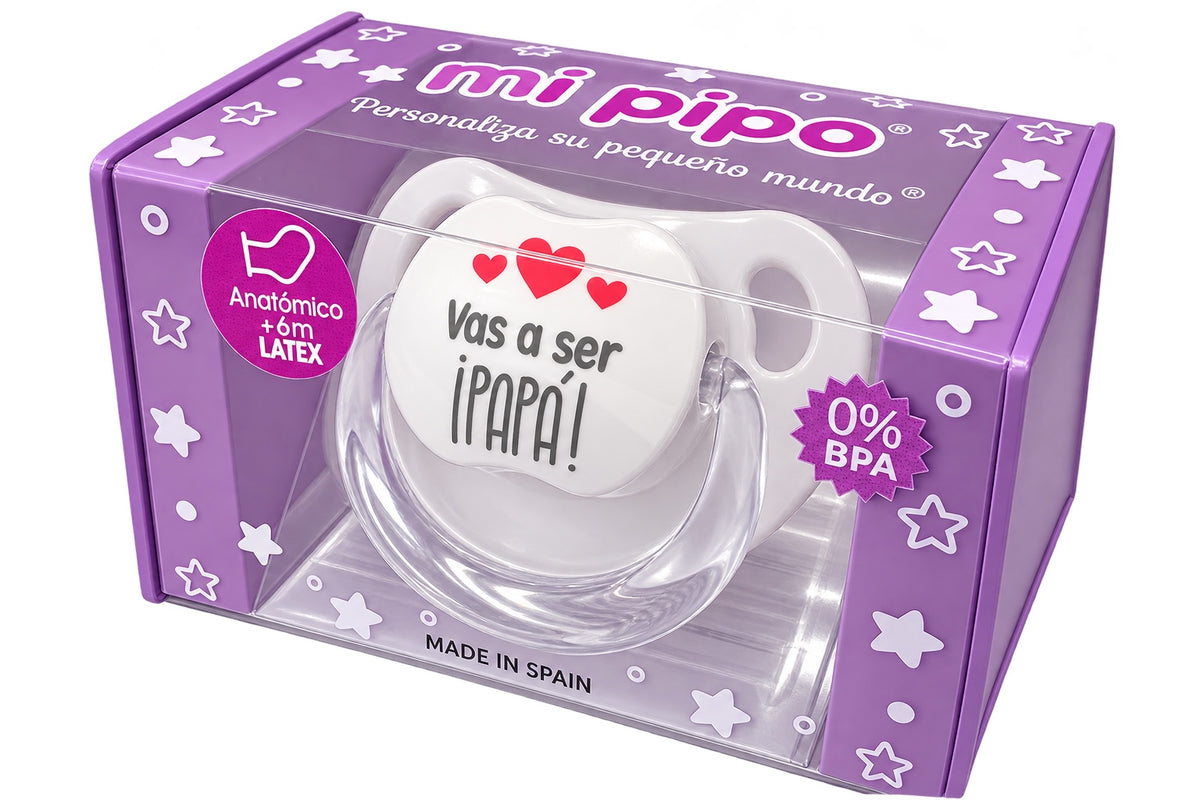 Chupete MI PIPO «¡Vas a ser papá!» blanco con tetina anatómica de látex +6 meses, libre de BPA