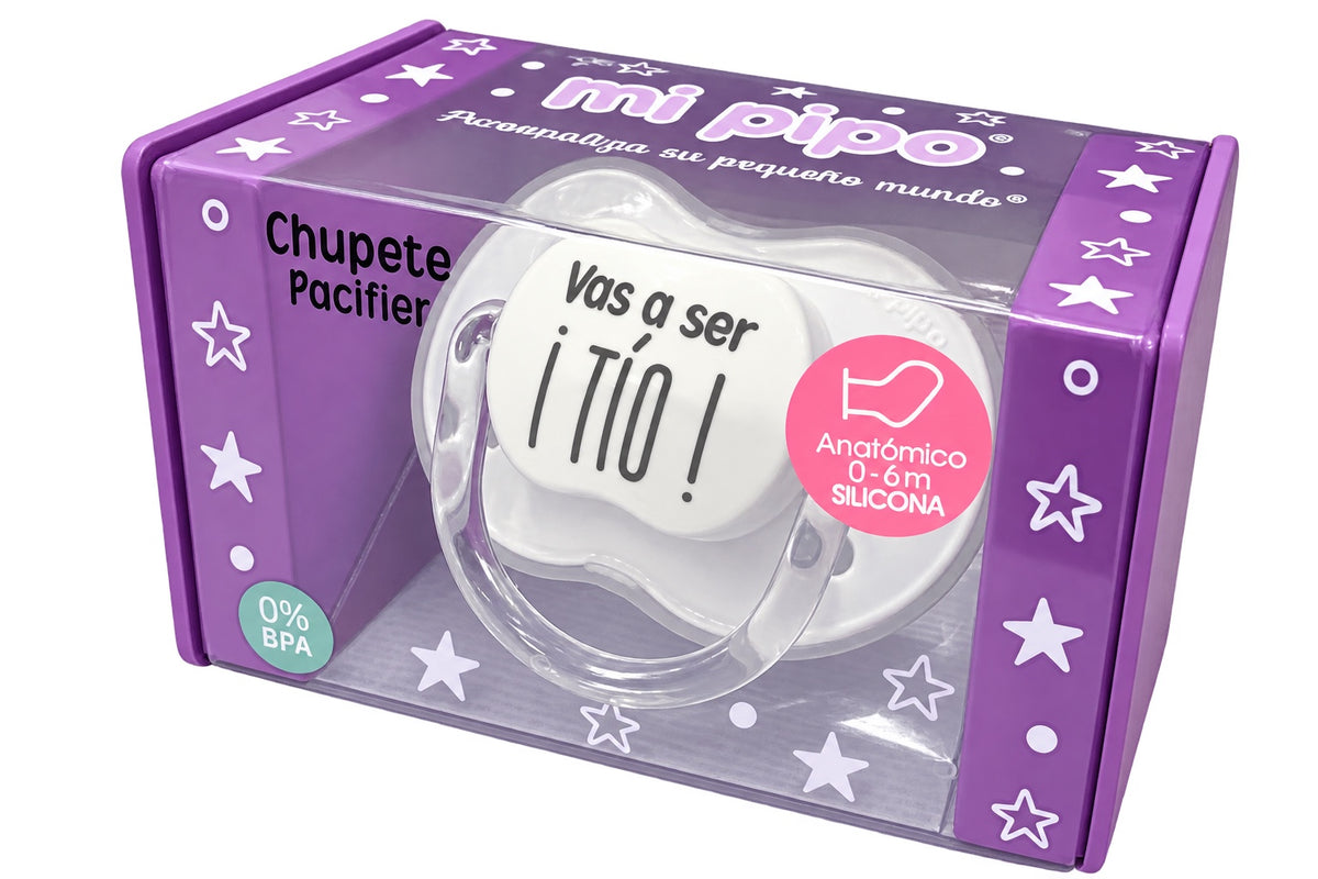 Chupete MI PIPO «¡Vas a ser tío!» blanco, anatómico de silicona 0 a 6 meses, libre de BPA