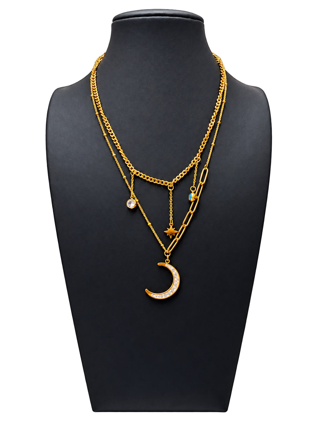 Collar doble de mujer en acero dorado con colgante de media luna, estrella y detalles brillantes