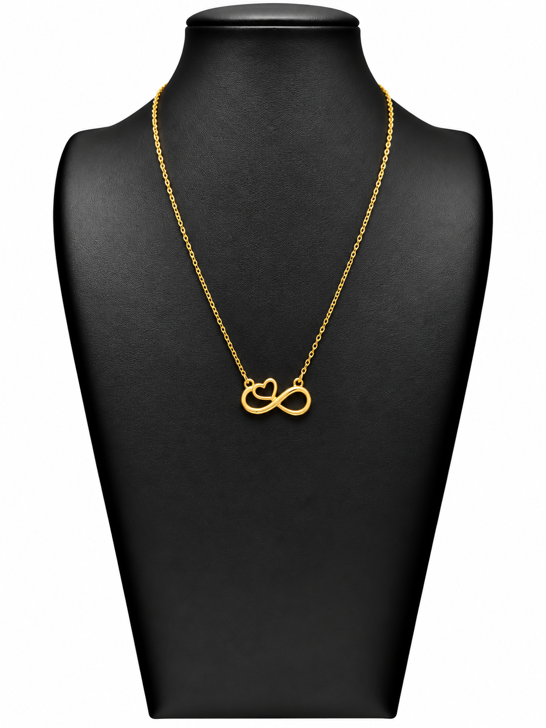 Collar Alba dorado con símbolo de infinito y corazón integrado sobre busto negro