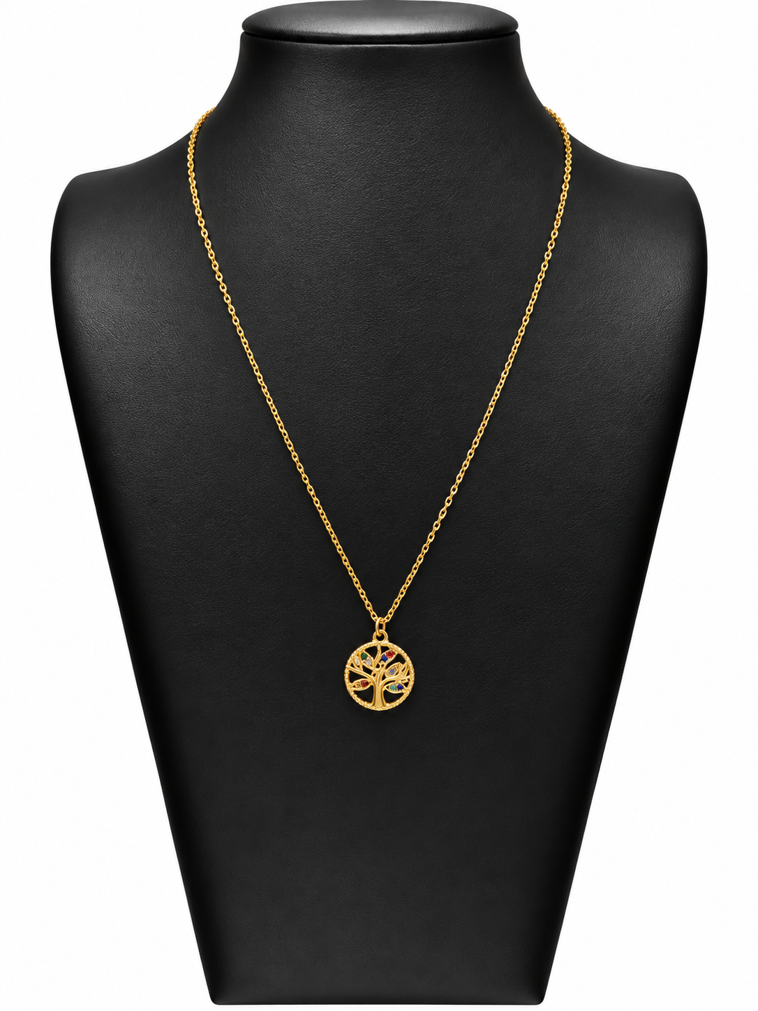 Collar Asteria de acero dorado con árbol de la vida y detalles de colores de los siete chakras