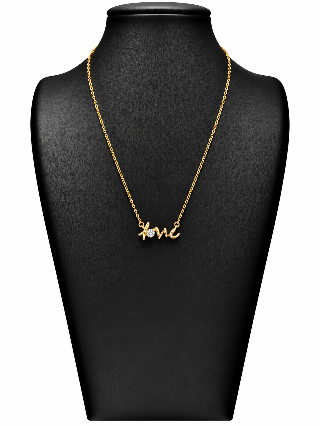 Collar Astra dorado con palabra Love y cristal sobre busto negro