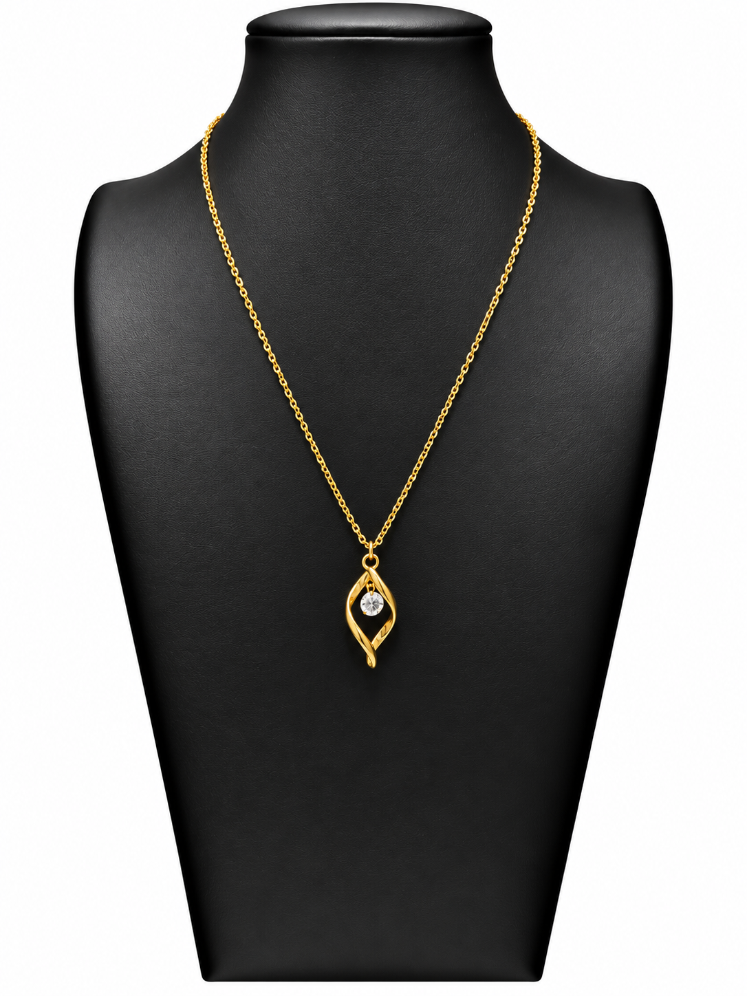 Collar Aurora dorado con colgante calado alargado y cristal central sobre busto negro