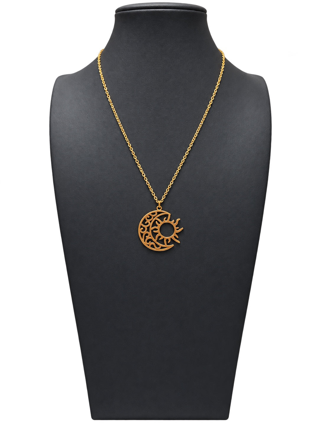 Collar Eclipse dorado de mujer con cadena y colgante calado de luna creciente y sol sobre expositor negro y fondo blanco