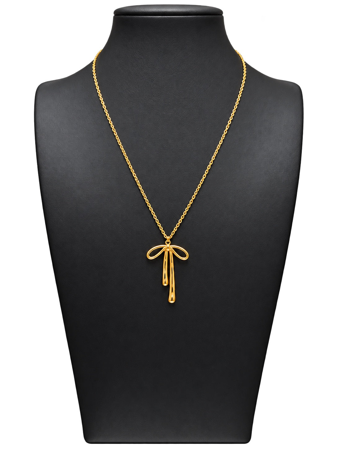 Collar dorado de mujer con colgante de lazo estilizado sobre expositor negro y fondo blanco