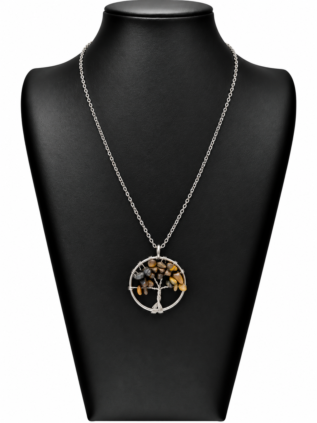Collar Lyra de acero plateado con árbol de la vida y ojo de tigre