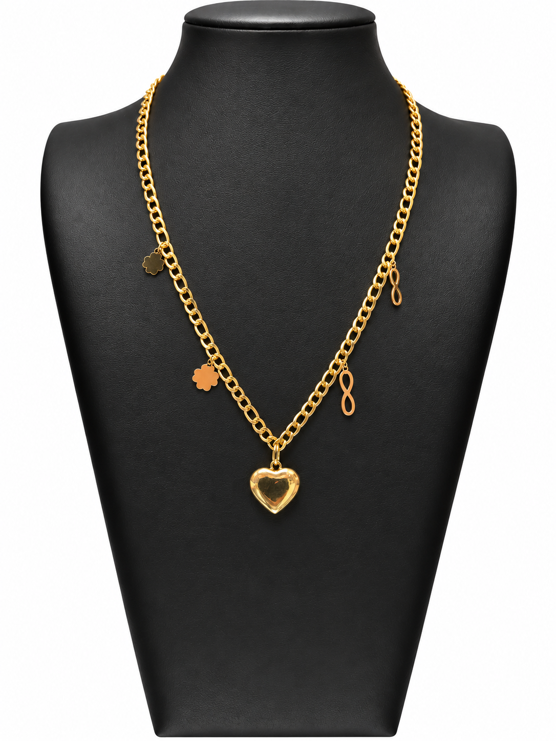 Collar Magnolia dorado con corazón central macizo, flores y símbolos de infinito