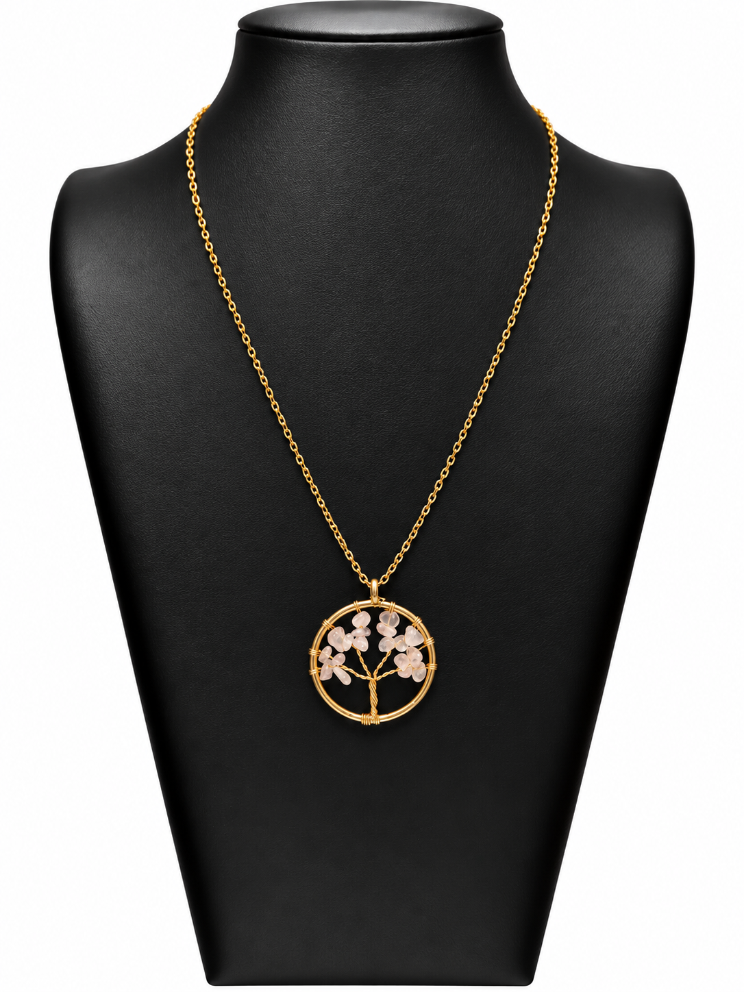Collar Maia de acero dorado con árbol de la vida y cuarzo rosa
