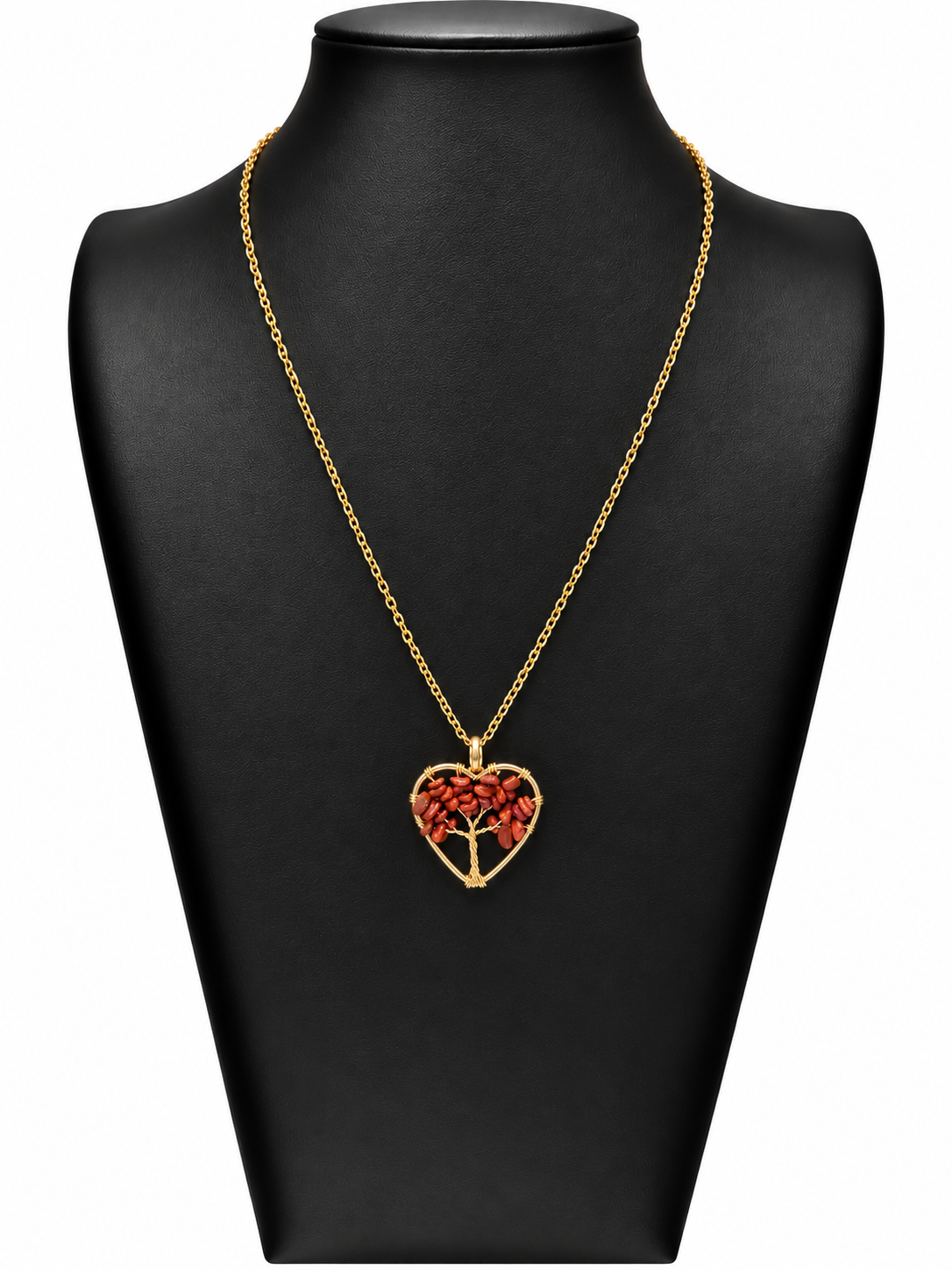 Collar Zafira dorado de Árbol de la Vida con jaspe rojo en forma de corazón