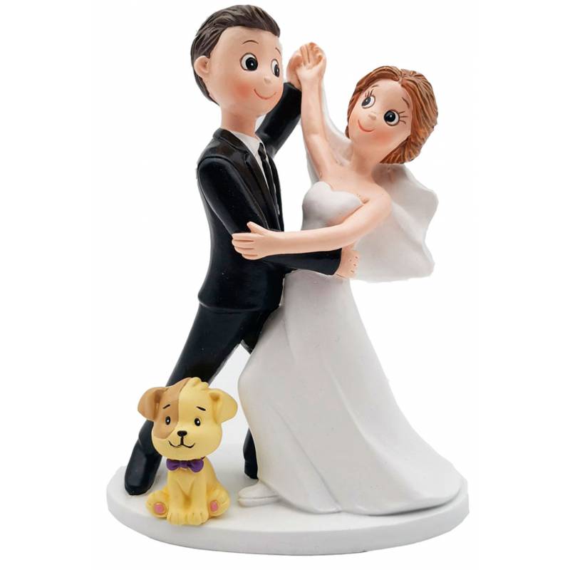 Figura para tarta de boda con novios bailando y perro