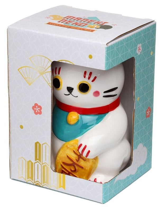 Hucha Maneki Neko gato de la suerte presentada en caja
