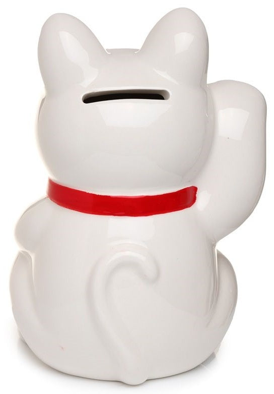 Hucha de cerámica Maneki Neko vista trasera con ranura para monedas
