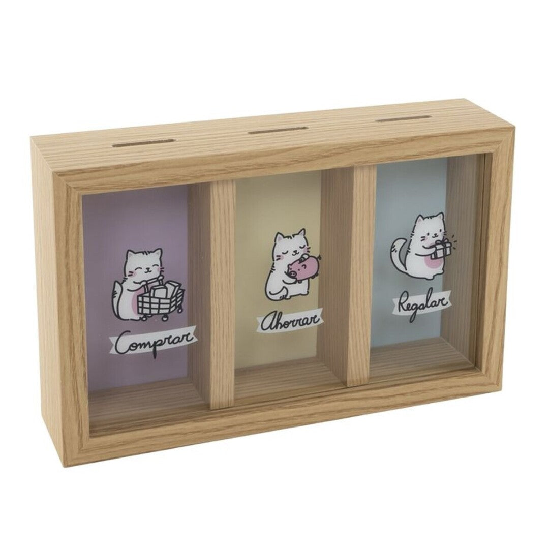 Hucha triple de madera con gatos y compartimentos Comprar Ahorrar Regalar