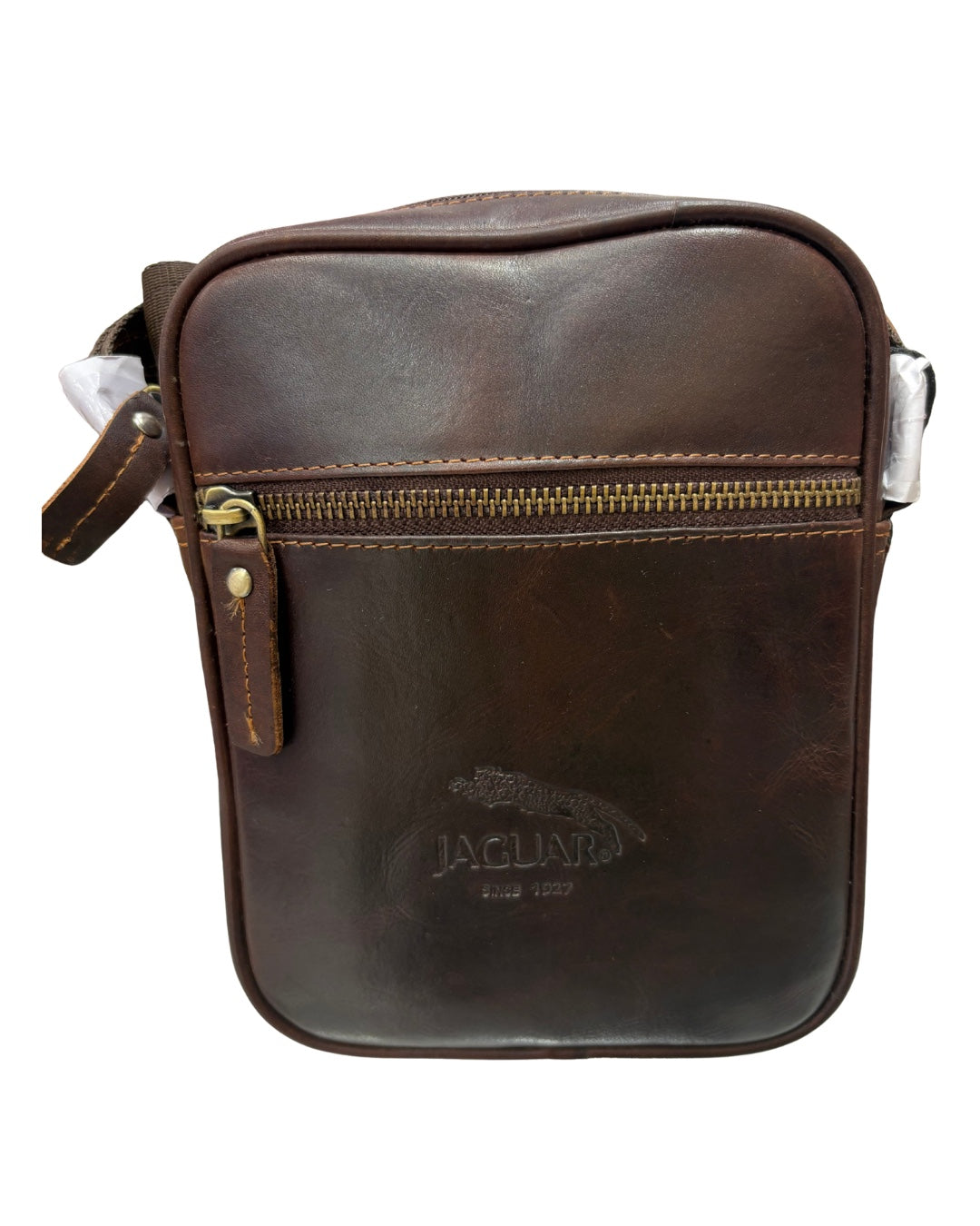 Bandolera Jaguar 5026TX de piel marrón oscuro vista frontal con cremallera y logo grabado