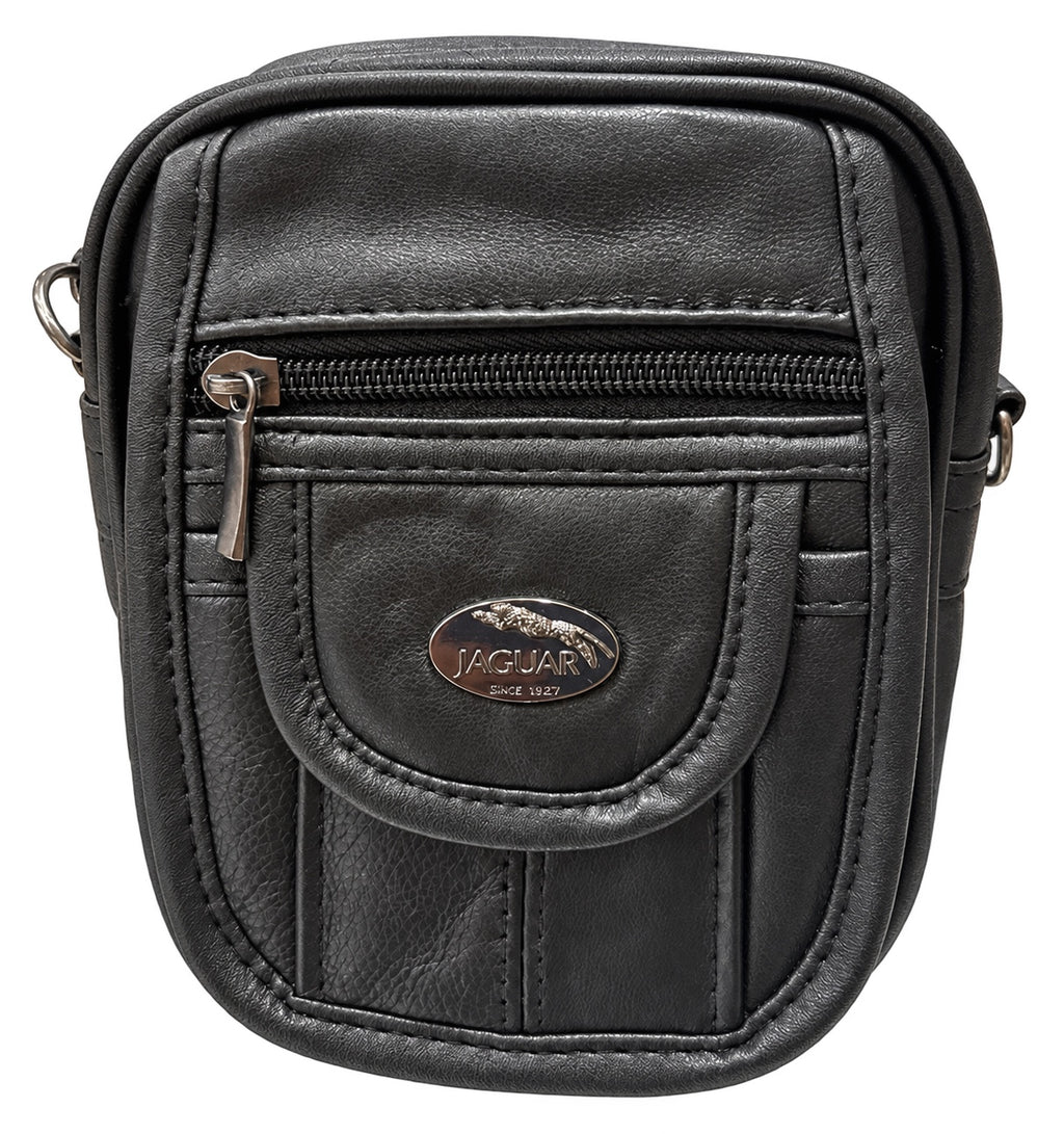 Bandolera Jaguar 7337RL de piel ovina negra frontal con solapa y emblema metálico