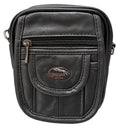 Bandolera Jaguar 7337RL de piel ovina negra frontal con solapa y emblema metálico