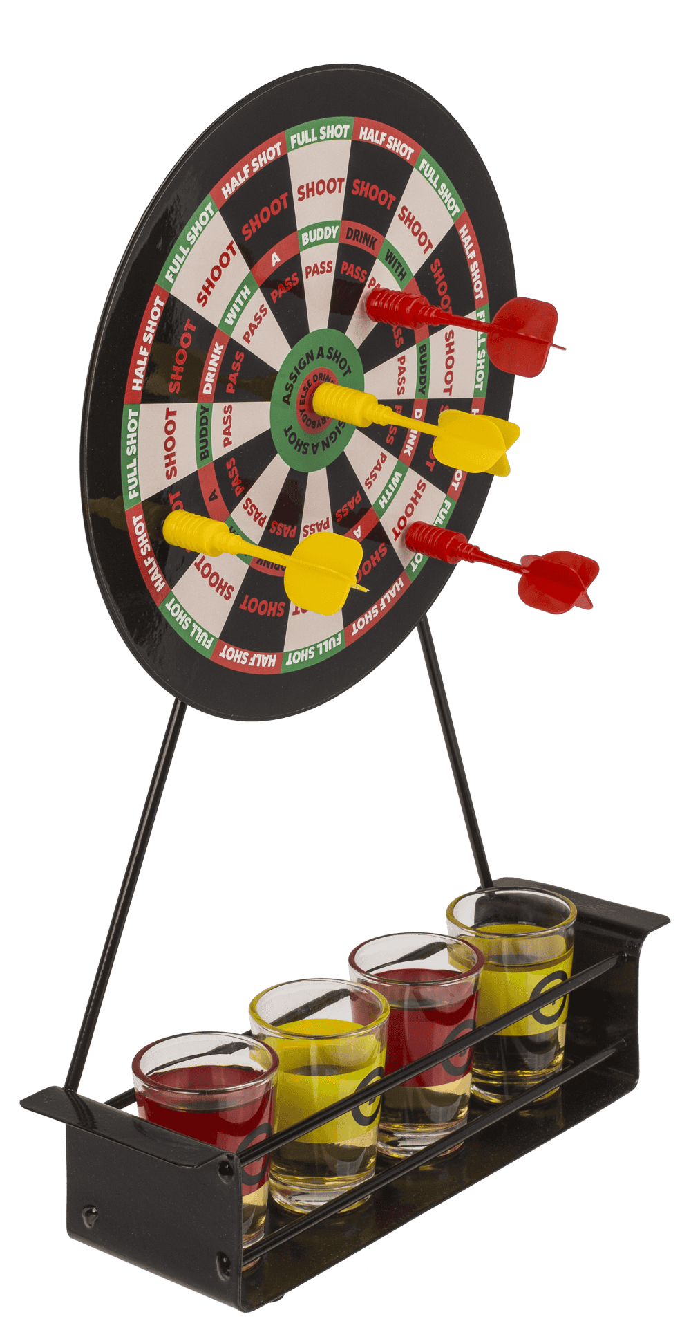 Vista frontal del juego Drinking Darts con cuatro vasos