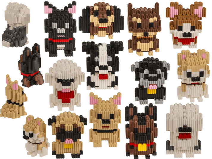 Figuras de perros y cachorros montadas con bloques de construcción