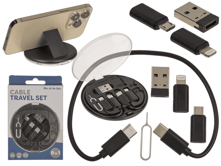 Kit de cables de viaje 9 en 1 con estuche redondo y accesorios para móvil