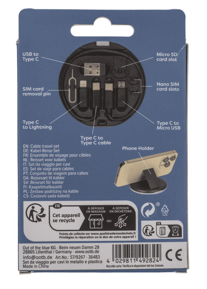 Parte trasera de la caja del kit 9 en 1 mostrando conexiones y soporte de teléfono