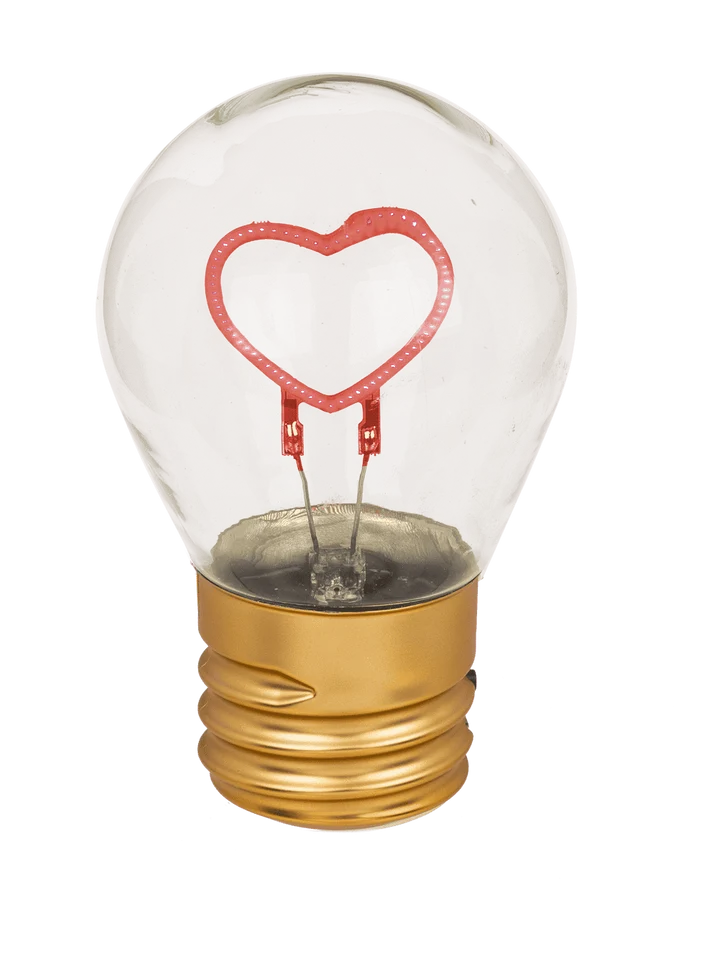 Lámpara decorativa LED en forma de bombilla con corazón rojo y base dorada