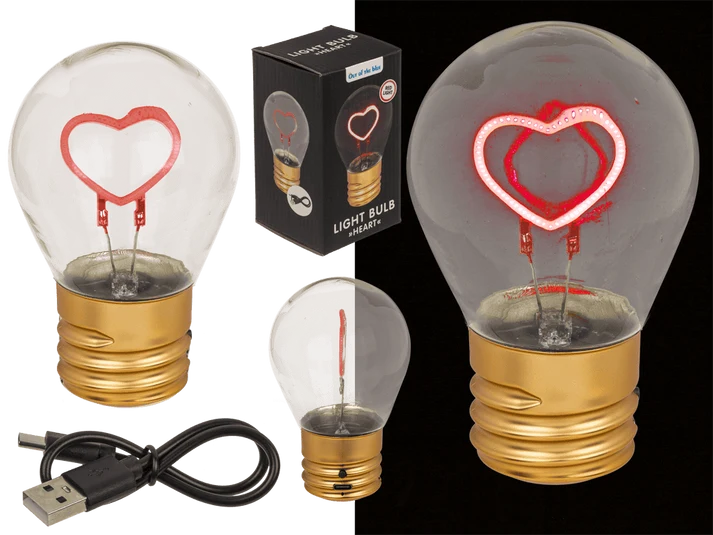 Bombilla LED decorativa de corazón rojo iluminado con cable de carga USB