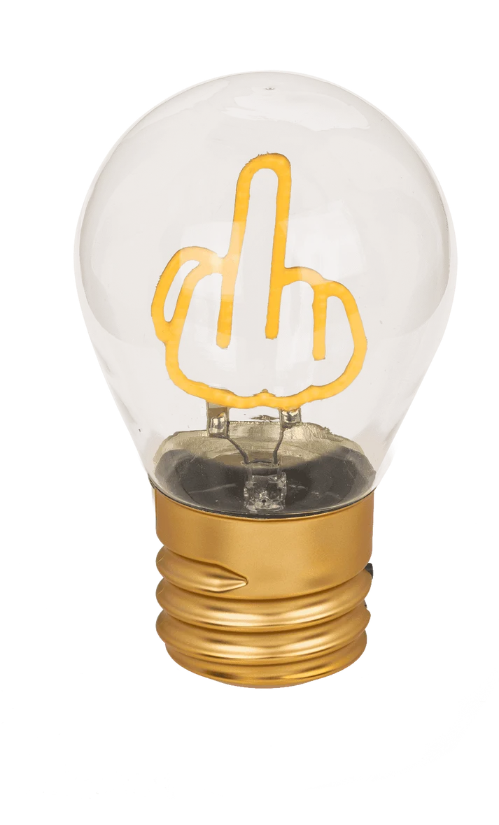 Bombilla decorativa de dedo corazón iluminada en amarillo con base dorada