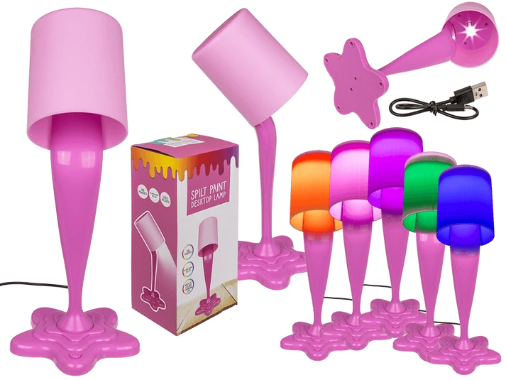Lámpara de pintura derramada rosa con ejemplos de luces LED de colores
