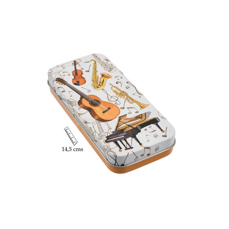 Lata rectangular con dibujos de guitarra, piano, saxofón, violín y notas musicales