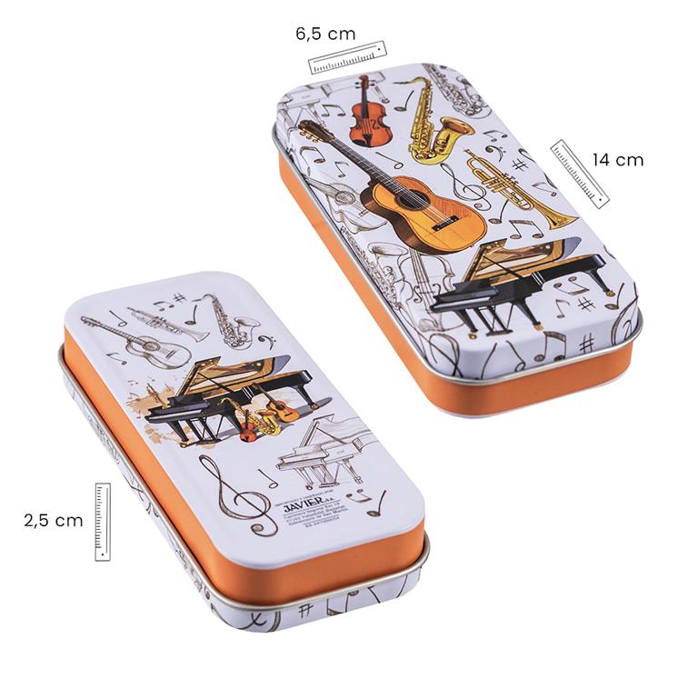 Lata metálica rectangular decorada con instrumentos musicales de 14 por 6,5 por 2,5 centímetros