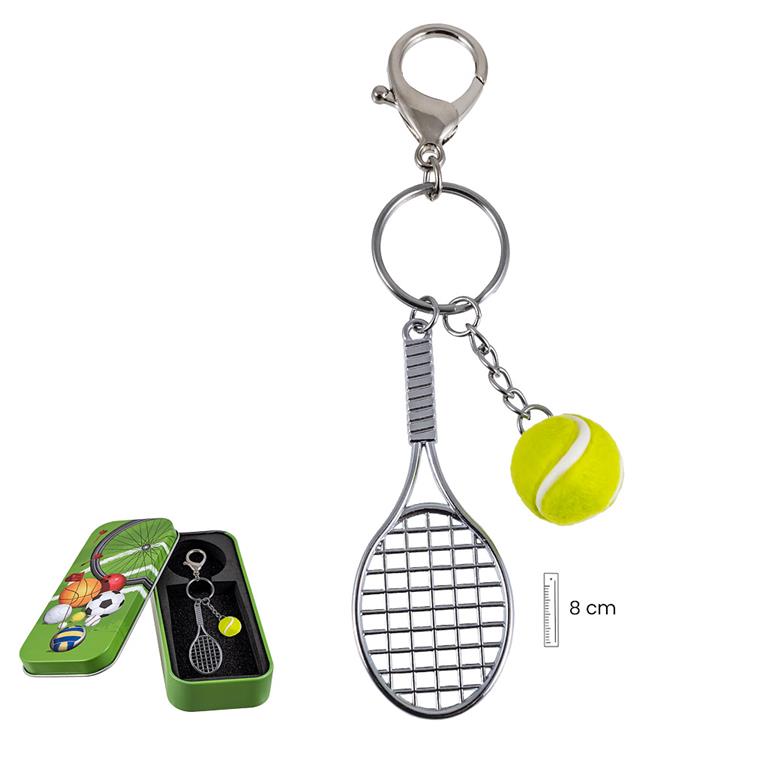 Detalle del llavero de raqueta de tenis con pelota amarilla, anilla y mosquetón; raqueta de 8 cm