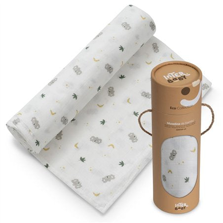 Muselina bebé Interbaby 120 x 120 cm estampado de koalas, hojas y lunas con su envase original