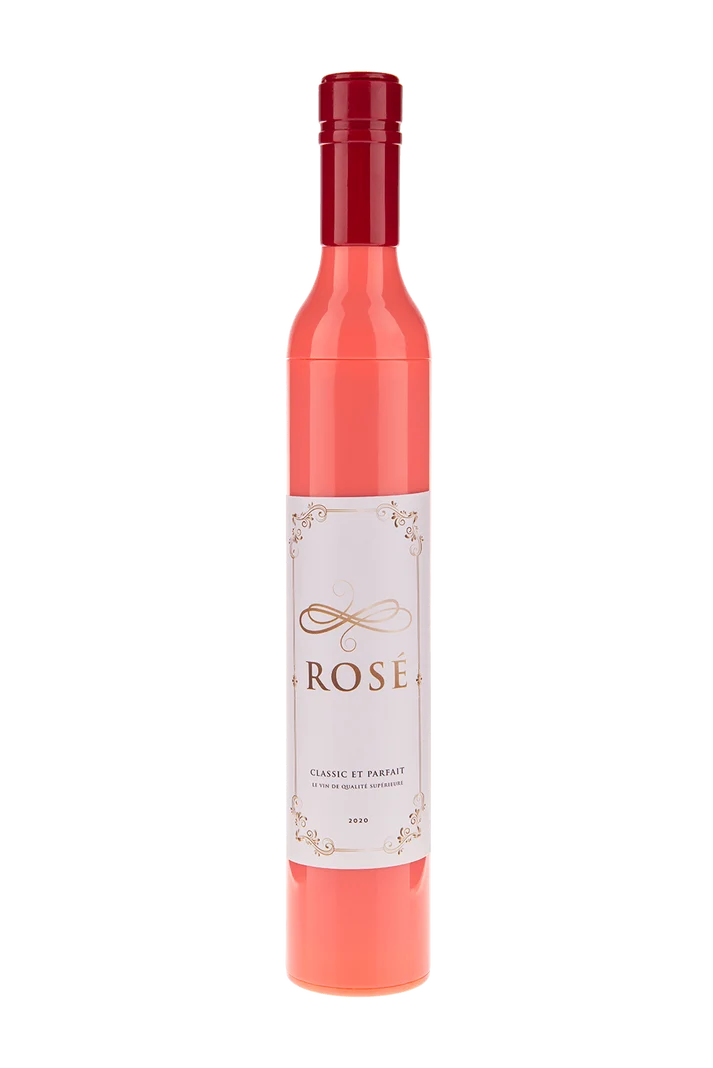 Paraguas plegable botella de vino rosado, estuche abierto y paraguas recogido