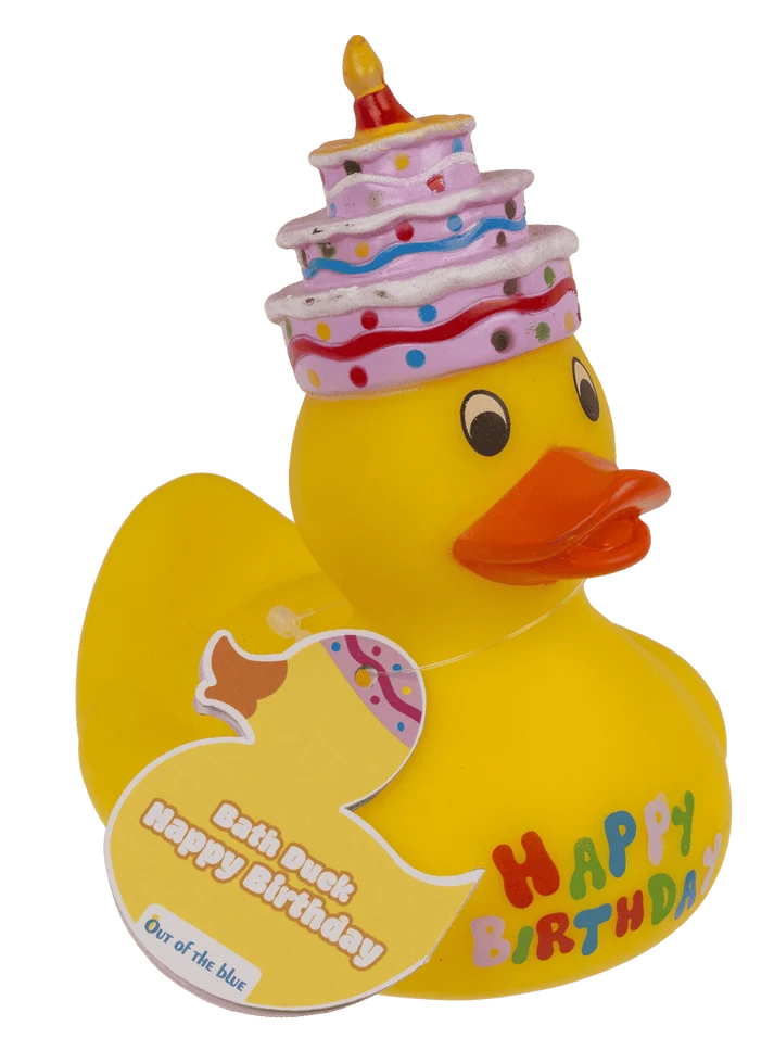Patito de goma amarillo Happy Birthday con tarta de cumpleaños, vista frontal